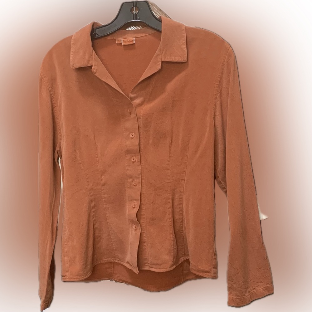 Tianello Dark Orange/Brown Tencel and Rayon Button Down Long Sleeve Top S